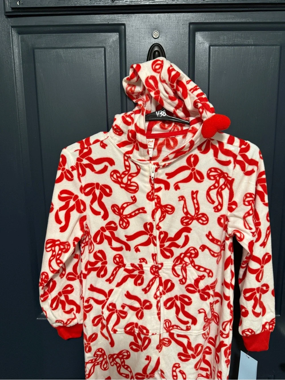 Kids Red & White Candy Bows Print Hooded One-Piece Pajamas